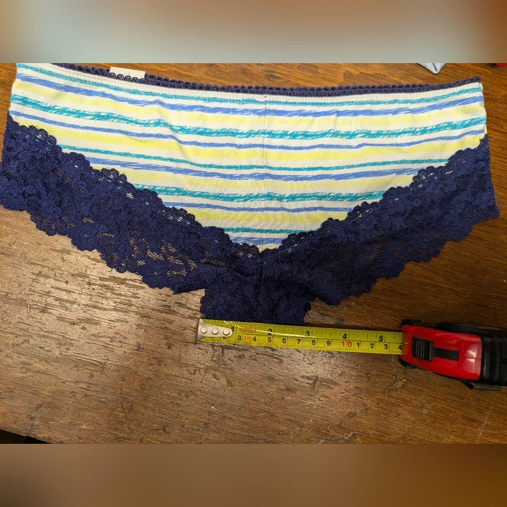 SO Medium Striped Blue, Teal & White, Blue Lace Trim Cheeky Cut Panty